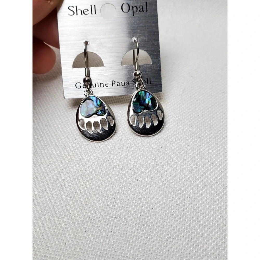 Paua Shell Bear Paw Dangle Earrings Silver Tone Genuine‎ Abalone Iridescent New